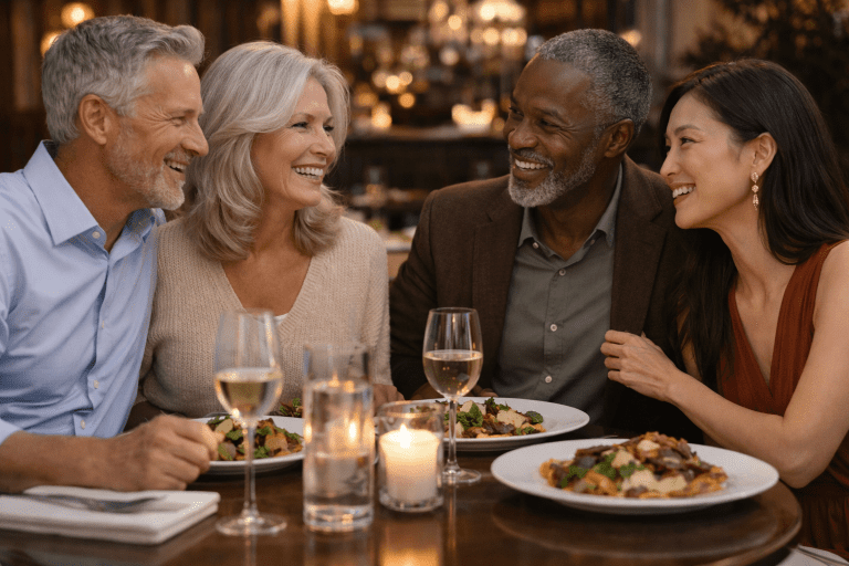 Two happy couples eating out at a restaurant.
