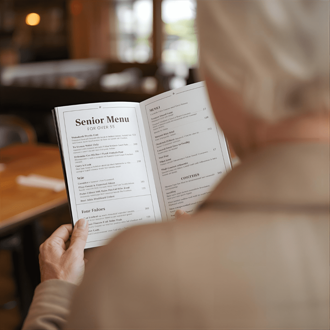 Senior woman looking at restaurant senio over 55 menu.