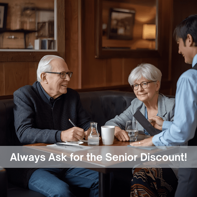 Senior couple and Server . Tip says to always ask for the senior discount.