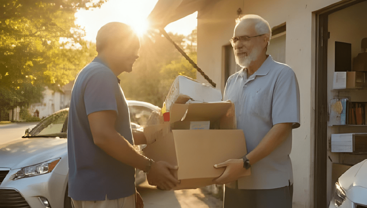 Senior man dropping off box to a donation center