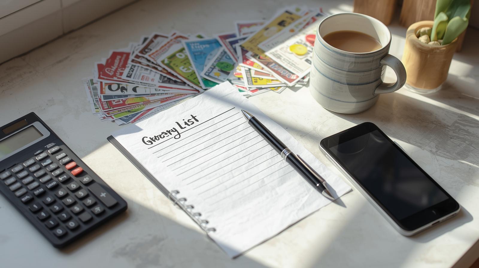 Holiday meal planning grocery list and phone with coupon apps like Rakuten, Fetch, and Shopkick.
