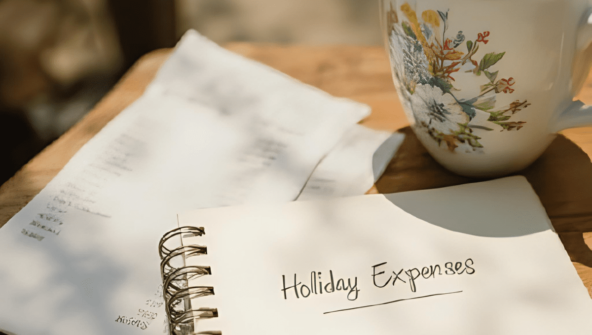 Using holiday budget tips - Notebook labeled “Holiday Expenses” next to receipts and coffee mug