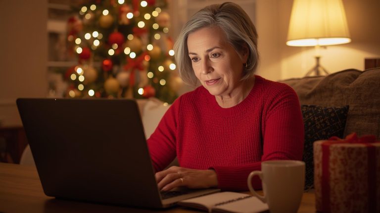 Senior woman working from home during the holidays on a laptop with Christmas lights and coffee mug nearby.