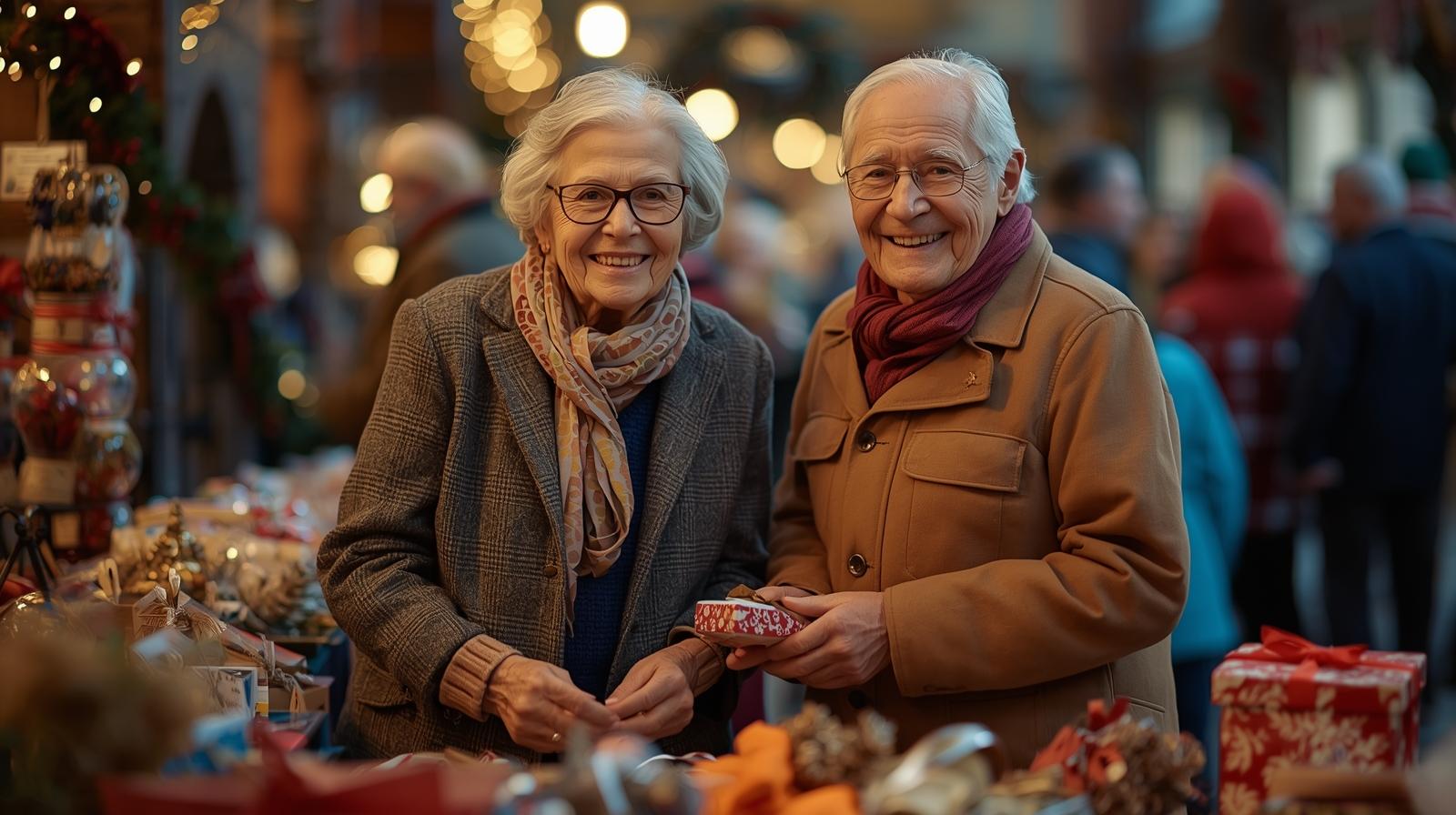 Smiling senior couple selling handmade crafts at a market, showing fun, holiday side hustles for seniors.