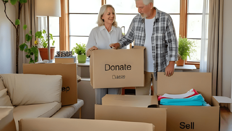 Declutter before the holidays — senior man and woman sorting clothes and boxes labeled Keep, Donate, and Sell.