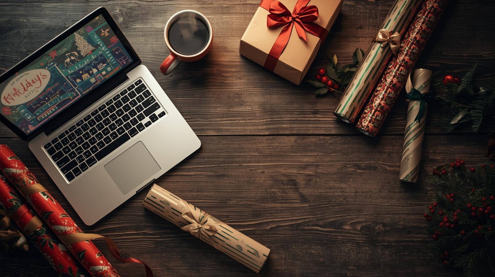 Holiday gift shopping flat lay with laptop and wrapped presents for seniors saving money.