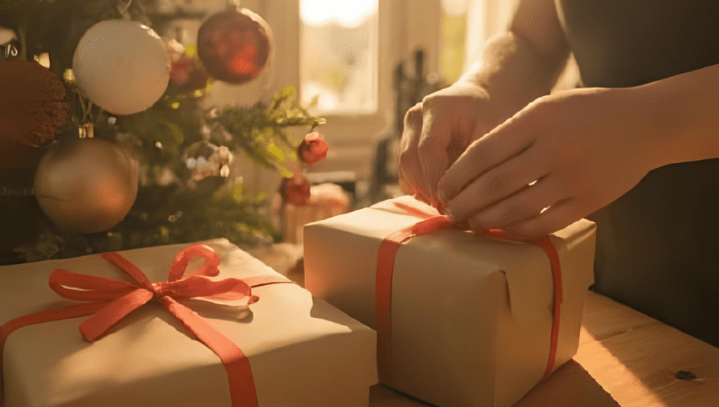 Budget-friendly holiday budget tips by using holiday gift wrapping with brown paper and twine