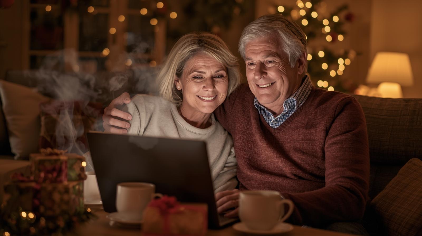 Holiday gift shopping on a budget - senior couple shopping online for holiday gifts at home, coffee cups and wrapped presents nearby