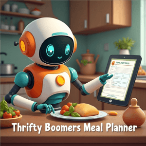 robot in a kitchen looking at Thrifty Boomer Meal Planner
