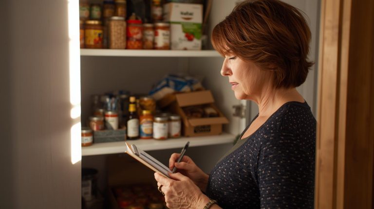senior woman taking inventory of her pantry for a pantry cleanout