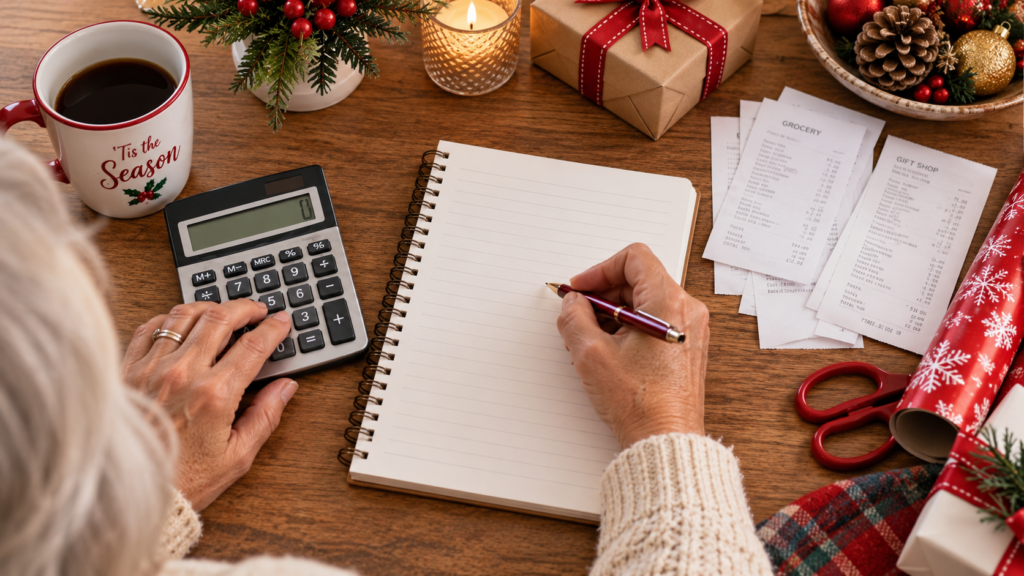 Holiday spending plan for seniors with calculator, notebook and receipts