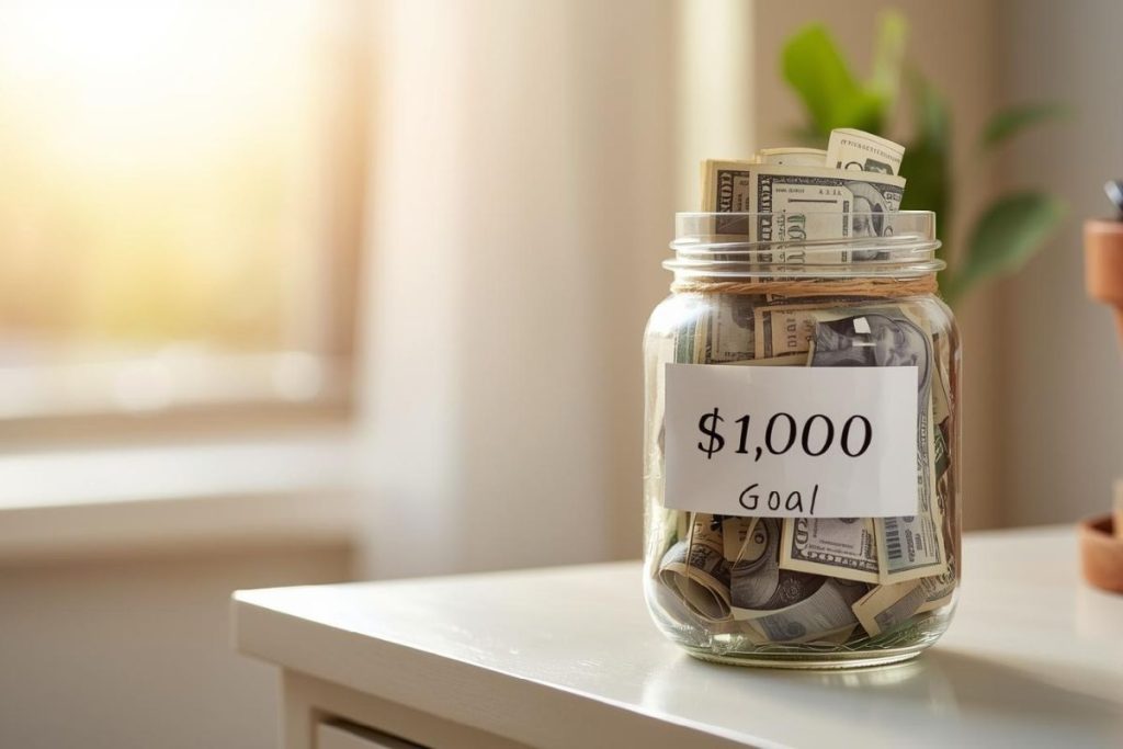 Savings jar labeled “$1,000 Goal” on dresser