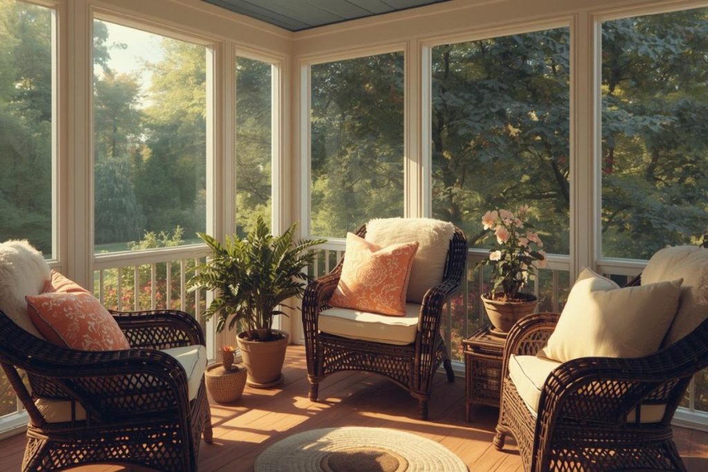 feeling behind at 60+ ? Cozy, Sunlight-filled screened in porch with wicker furniture with big fluffy pillows symbolizing clarity and peace