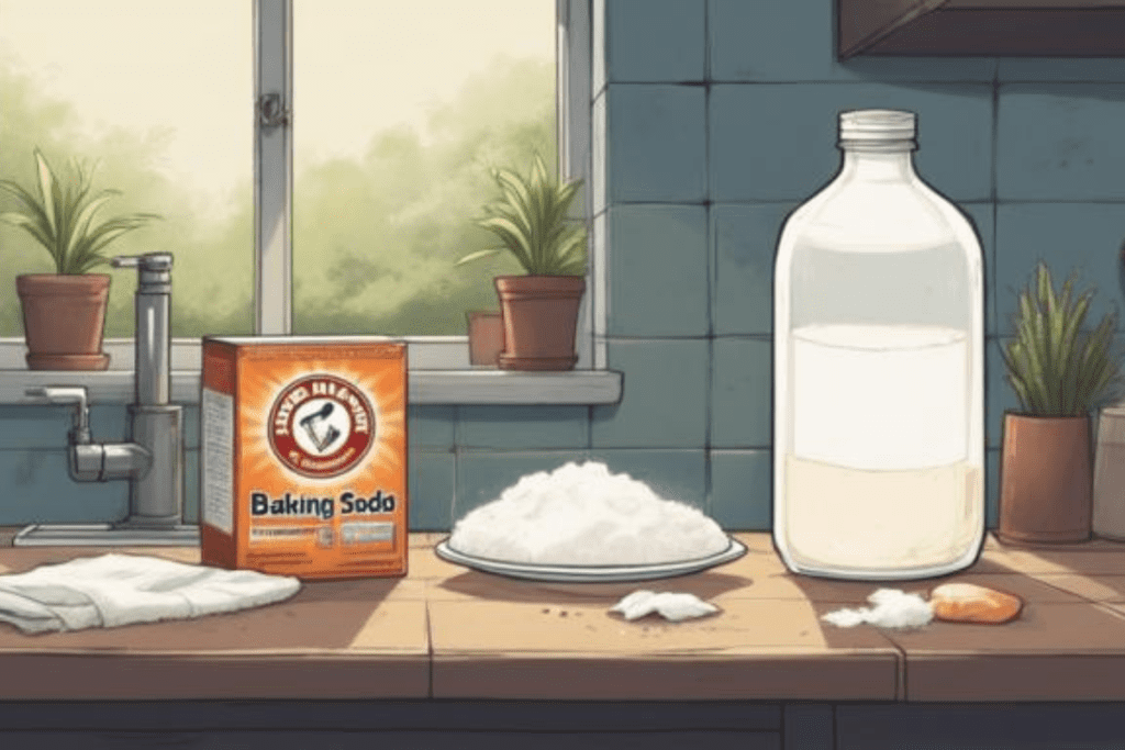 Baking soda and white vinegar on a kitchen counter as natural cleaners