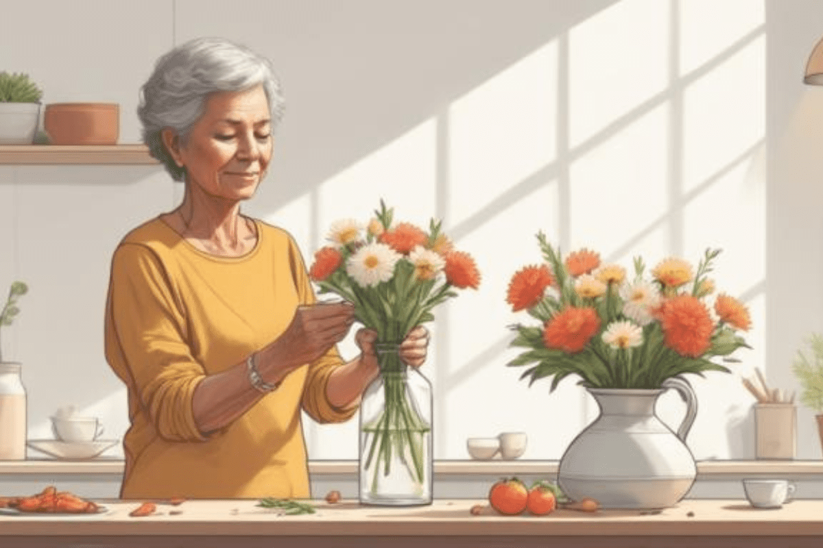 Senior woman arranging fresh flowers in her kitchen.