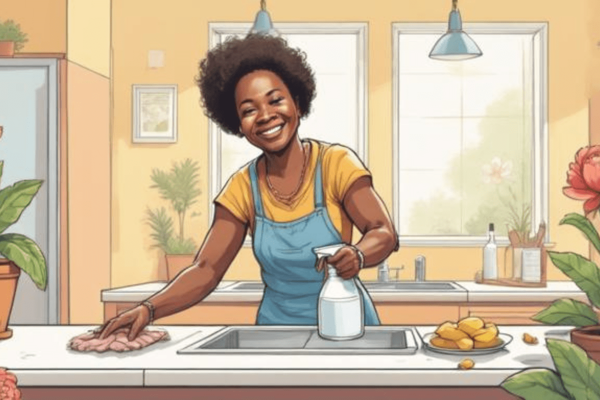 Senior woman wiping down kitchen counters with a spray bottle in spring