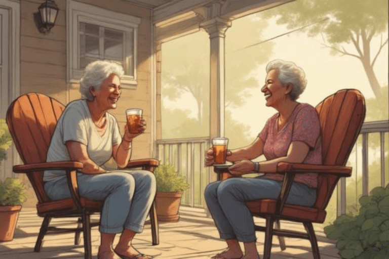 Two older women laughing on a front porch with iced tea