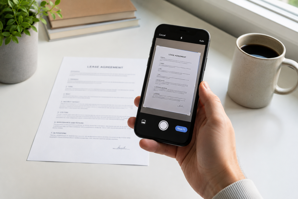 A person scanning a document with their smartphone using Google Drive