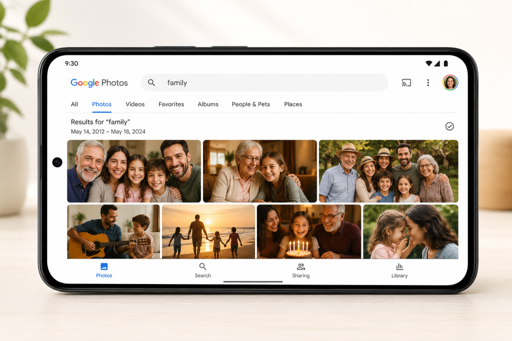 Photos search results showing family photos on a smartphone using Google features for seniors