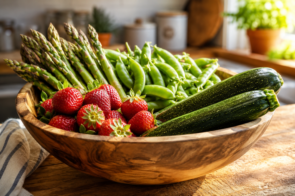 Fresh spring produce including strawberries asparagus snap peas and zucchini in a wooden bowl