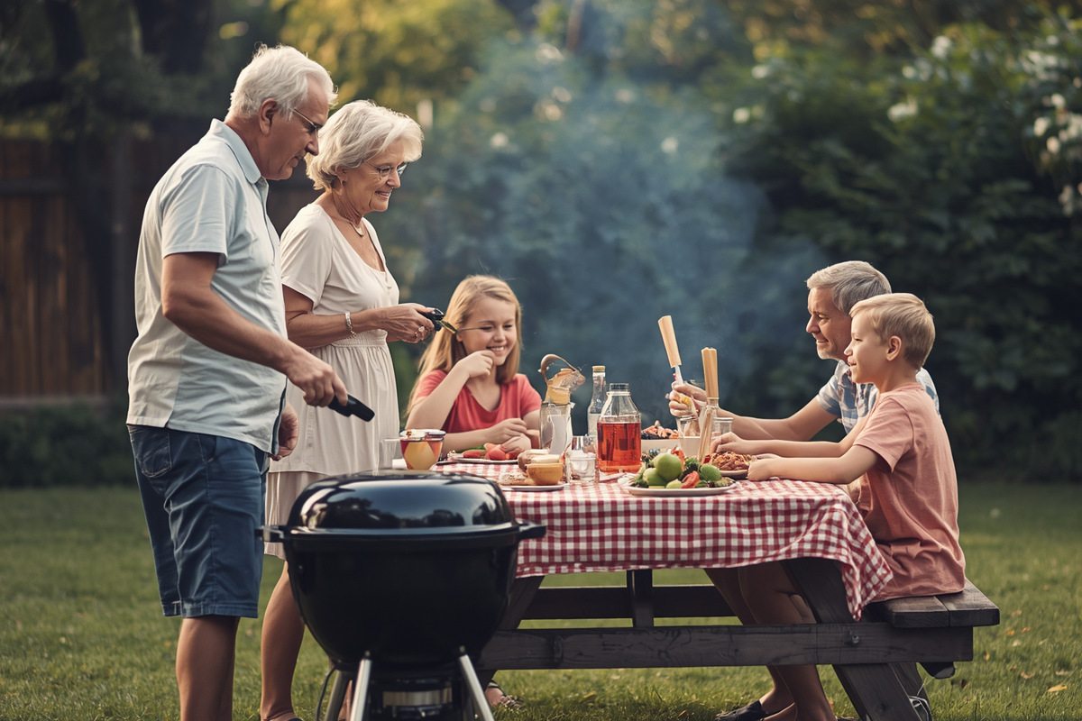 Older couple enjoying a relaxed backyard cookout on Memorial Day