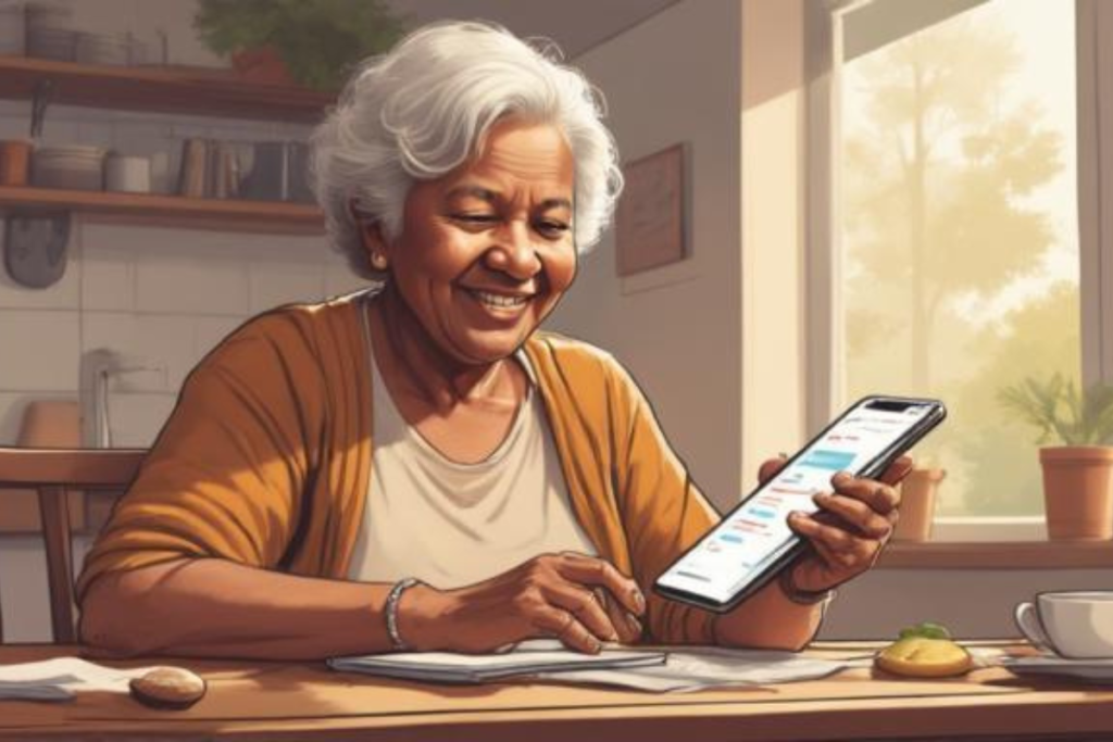 Older woman reviewing her monthly bank statement on her phone at the kitchen table