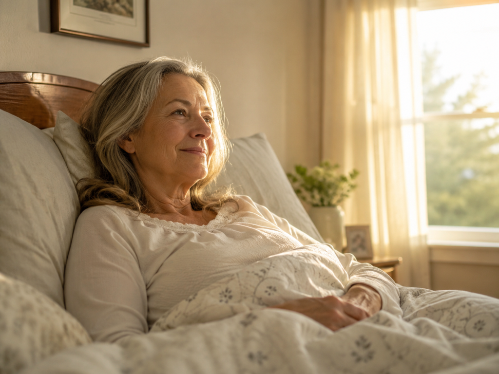 Serene morning in a cozy bedroom - older woman waking up relaxed