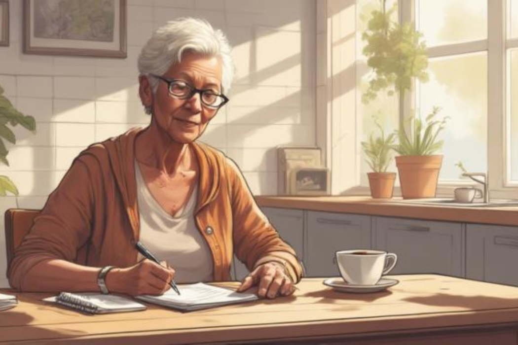 Older woman doing a simple monthly money check-in at her kitchen table with a notepad and coffee
