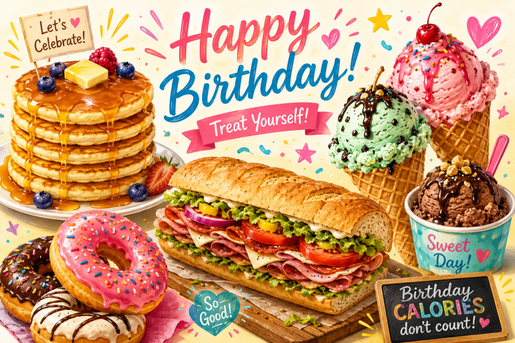 A collection of free birthday food items from restaurants and stores