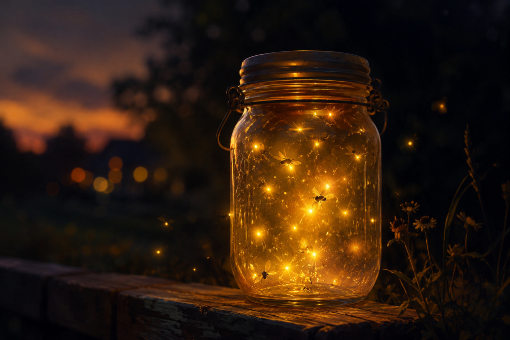 A glass jar glowing with fireflies on a summer evening