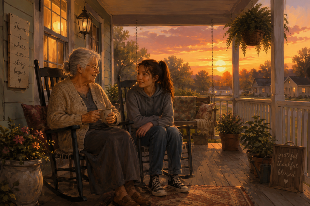 A grandmother and teenage grandchild having a relaxed conversation on the front porch