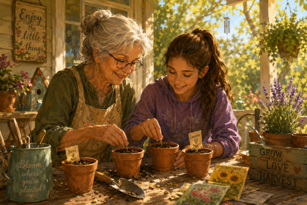 A grandmother and tween grandchild planting seeds together on a sunny porch