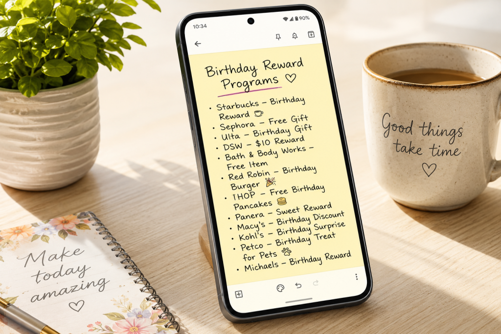 A smartphone showing a Google Keep list of birthday rewards programs to track