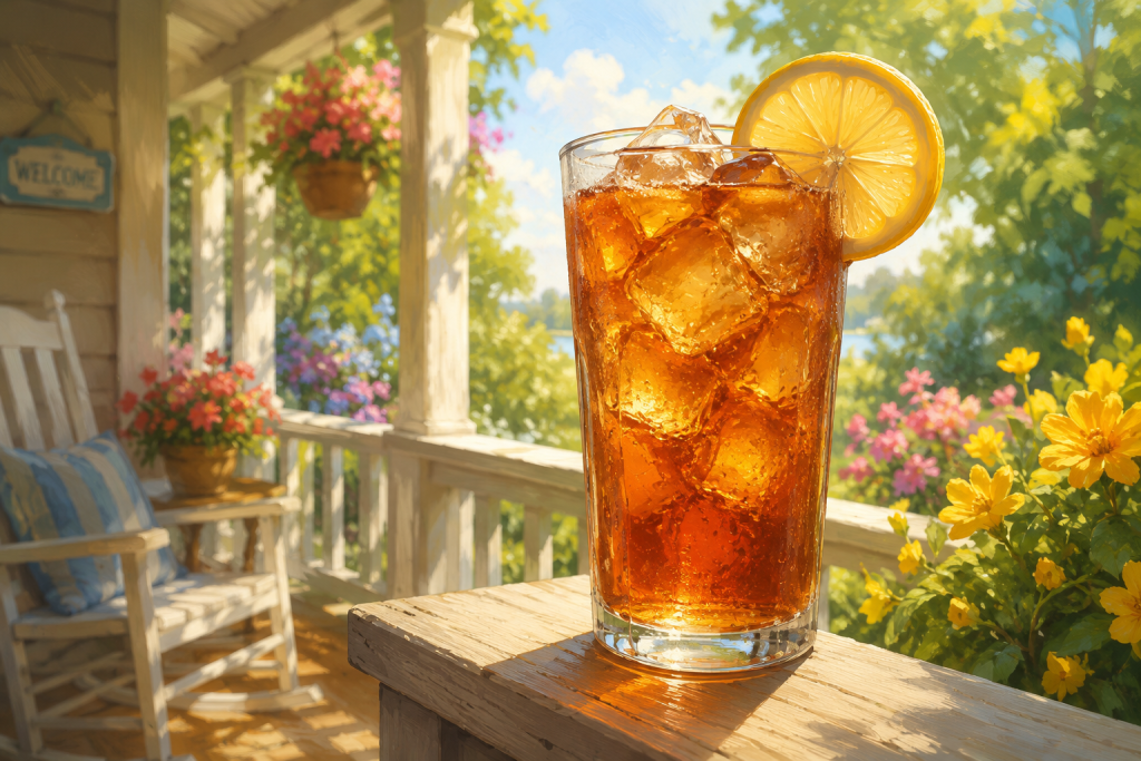 A tall glass of sweet iced tea with lemon on a sunny summer porch
