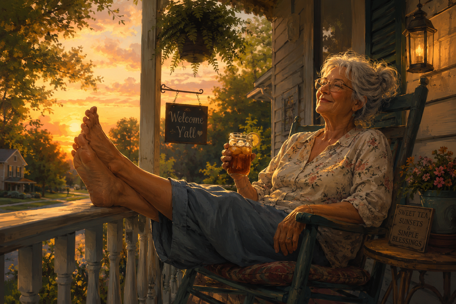 A woman enjoying simple summer joys free on her front porch with sweet tea at golden hour