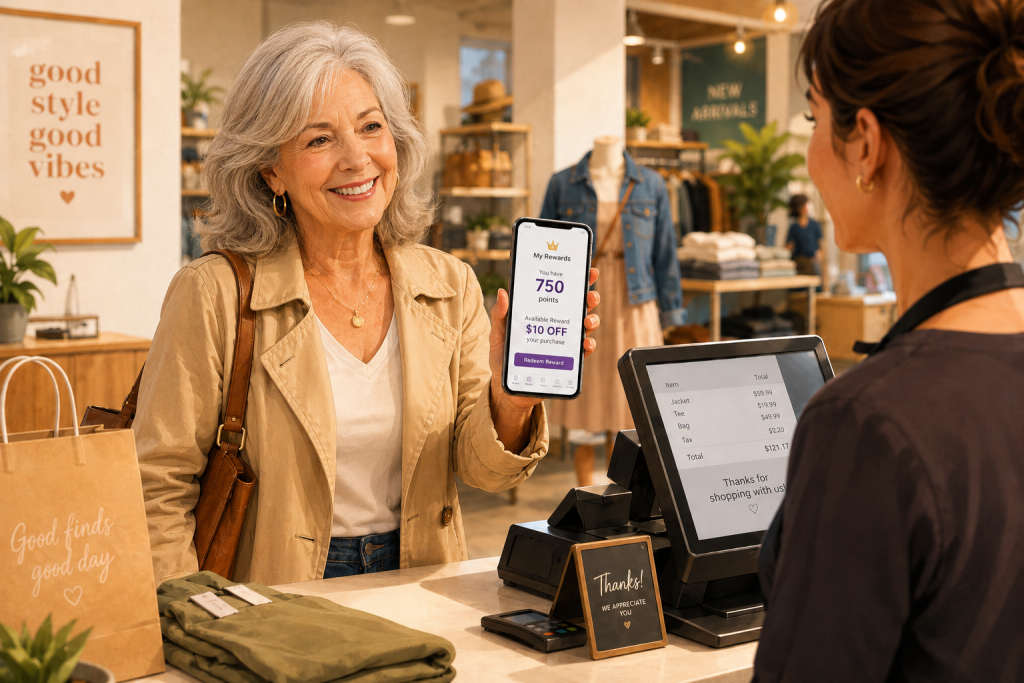 A woman using her store loyalty app at checkout to claim a birthday freebie