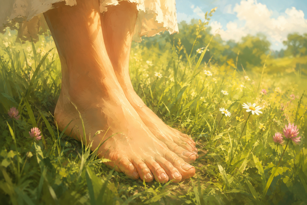 Bare feet in green summer grass enjoying a simple free summer joy