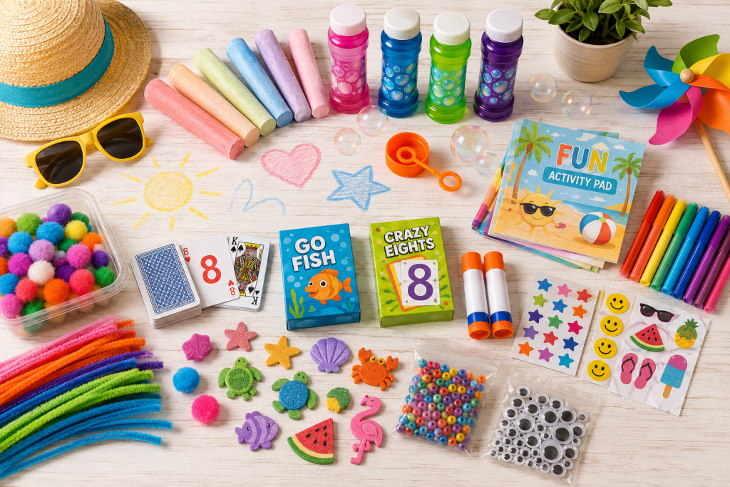 Dollar Tree summer supplies for grandkid activities including chalk, bubbles, and card games