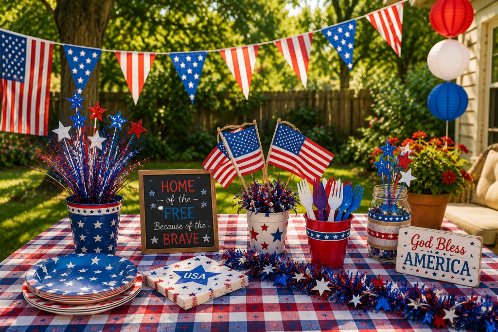 Simple red white and blue decorations for a July 4th celebration on a budget
