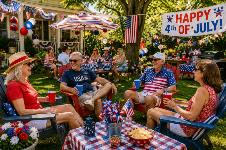 A cheerful backyard scene showing a July 4th celebration on a budget with simple decorations