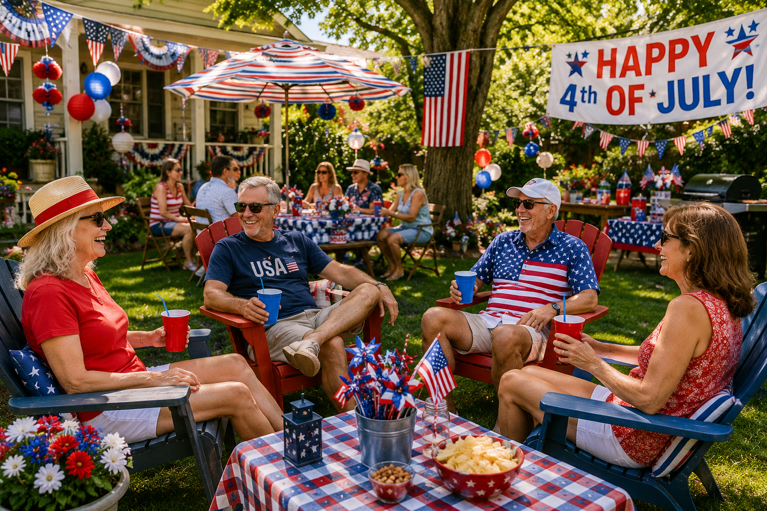 A cheerful backyard scene showing a July 4th celebration on a budget with simple decorations