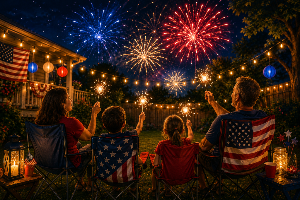 A family enjoying free fireworks from their backyard during a July 4th celebration on a budget