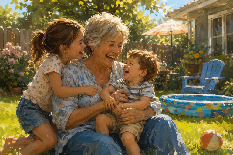 Grandmother and grandchildren enjoying free things to do with grandkids this summer in the backyard