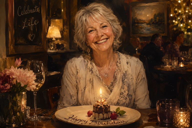 Woman in her 60s collecting birthday freebies at restaurants and stores by enjoying a free birthday dessert