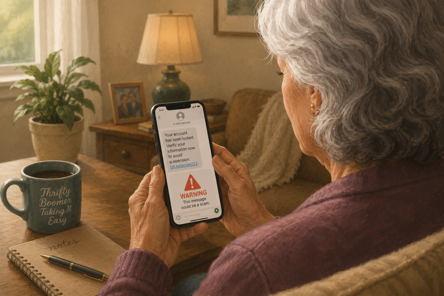 Senior woman reviewing a suspicious text message on her phone.