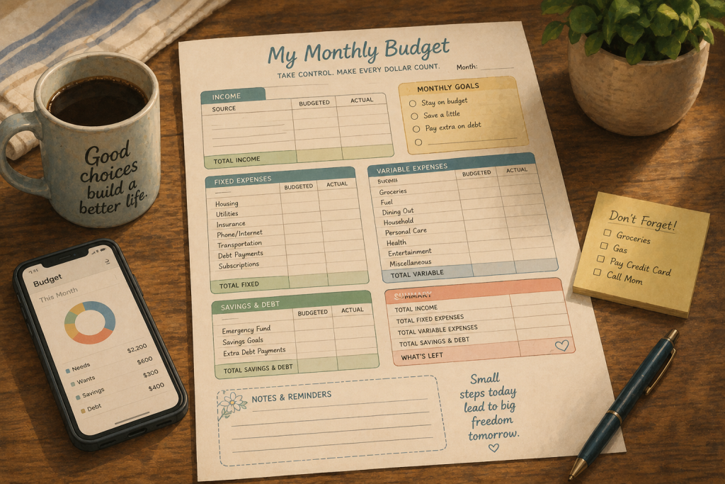 Money Leak Reset worksheet on a kitchen table