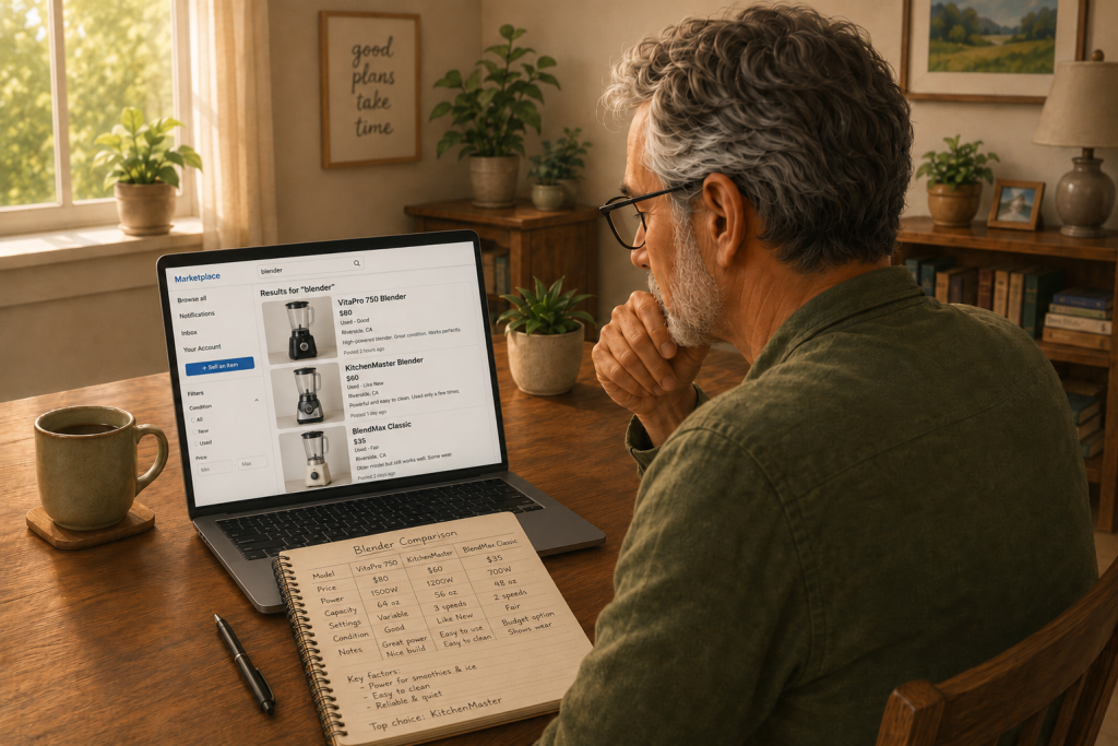 Senior man researching fair prices before selling an item