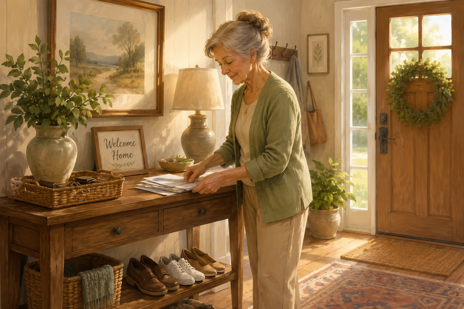 Senior organizing her entryway during a mid-summer home reset.