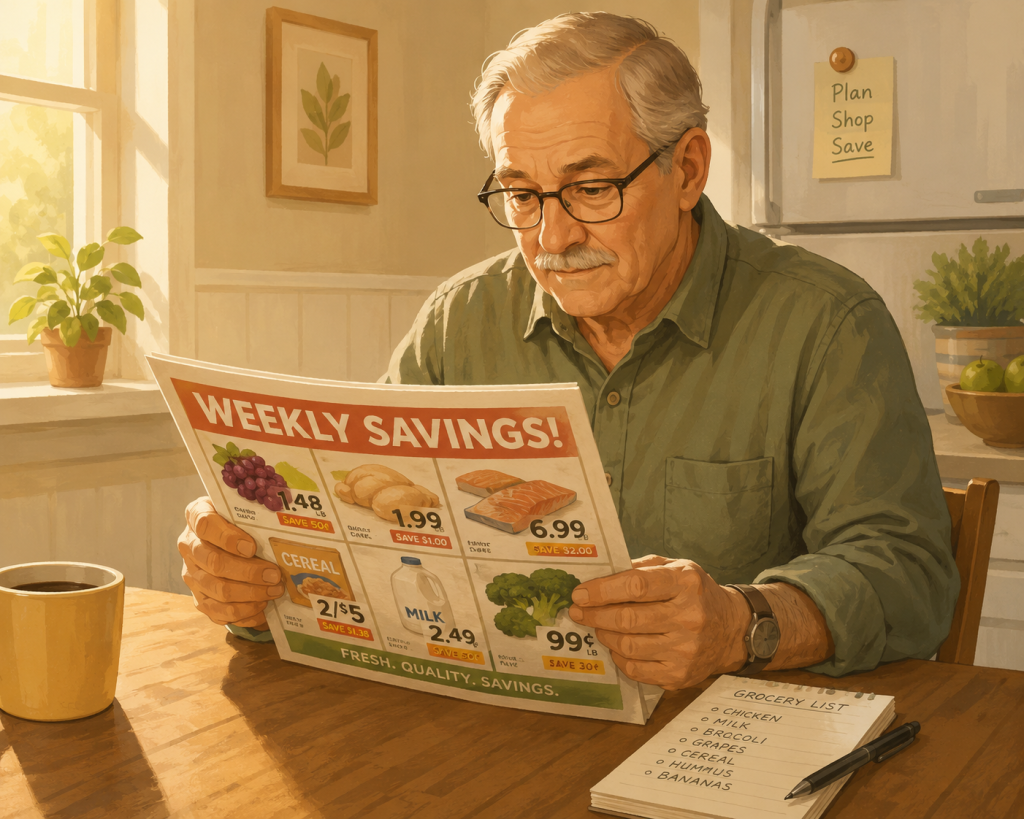Senior planning groceries around weekly sales.