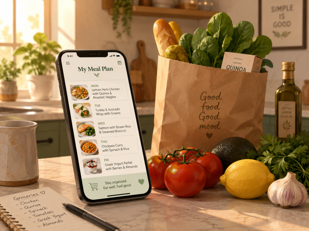 Phone displaying a simple weekly meal plan.